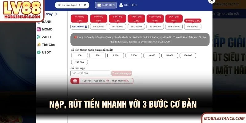 Nạp, rút tiền LV88 nhanh với 3 bước cơ bản Nạp, rút tiền LV88 nhanh với 3 bước cơ bản